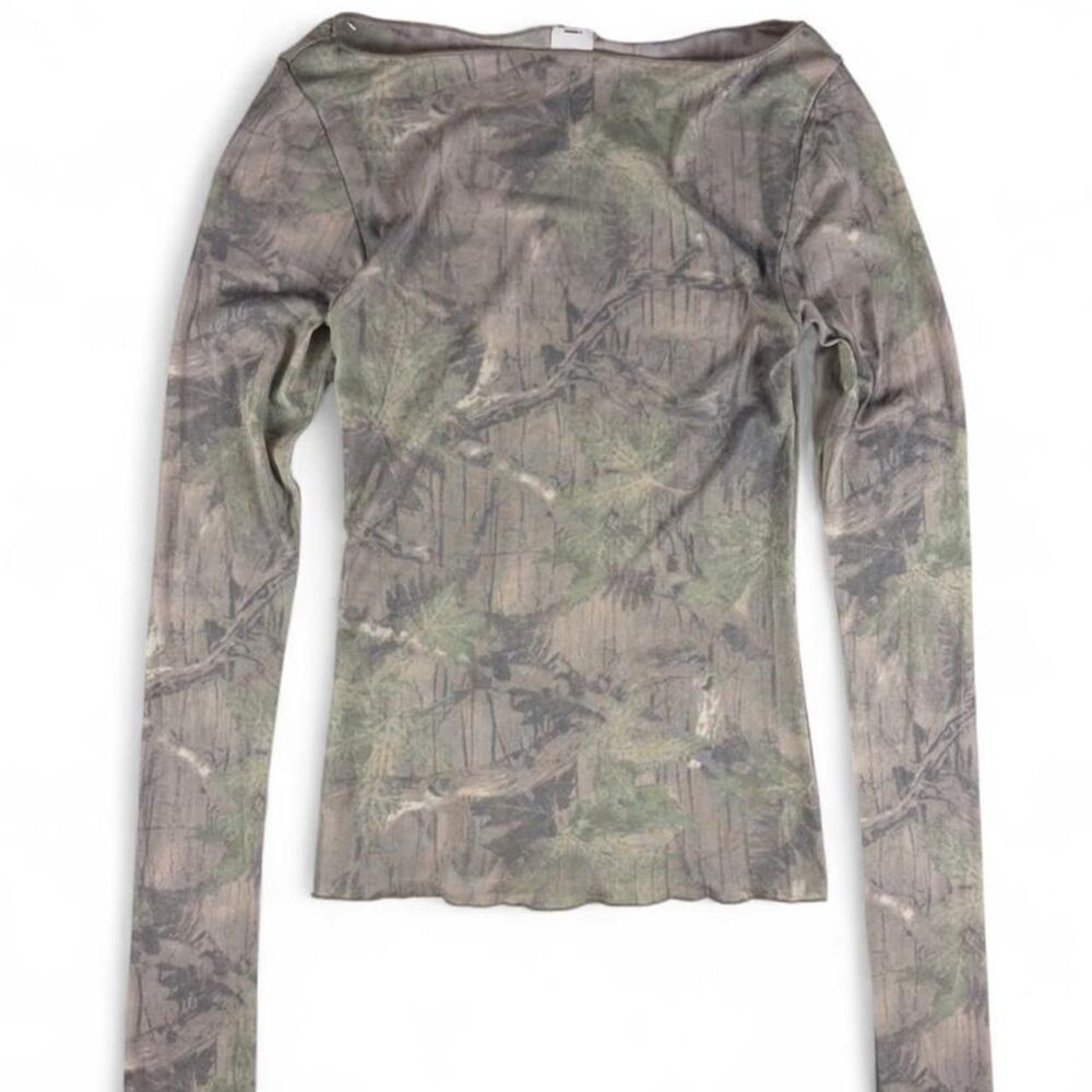 cabincore Wild Fable all over sheer woodland camo mesh long sleeve top